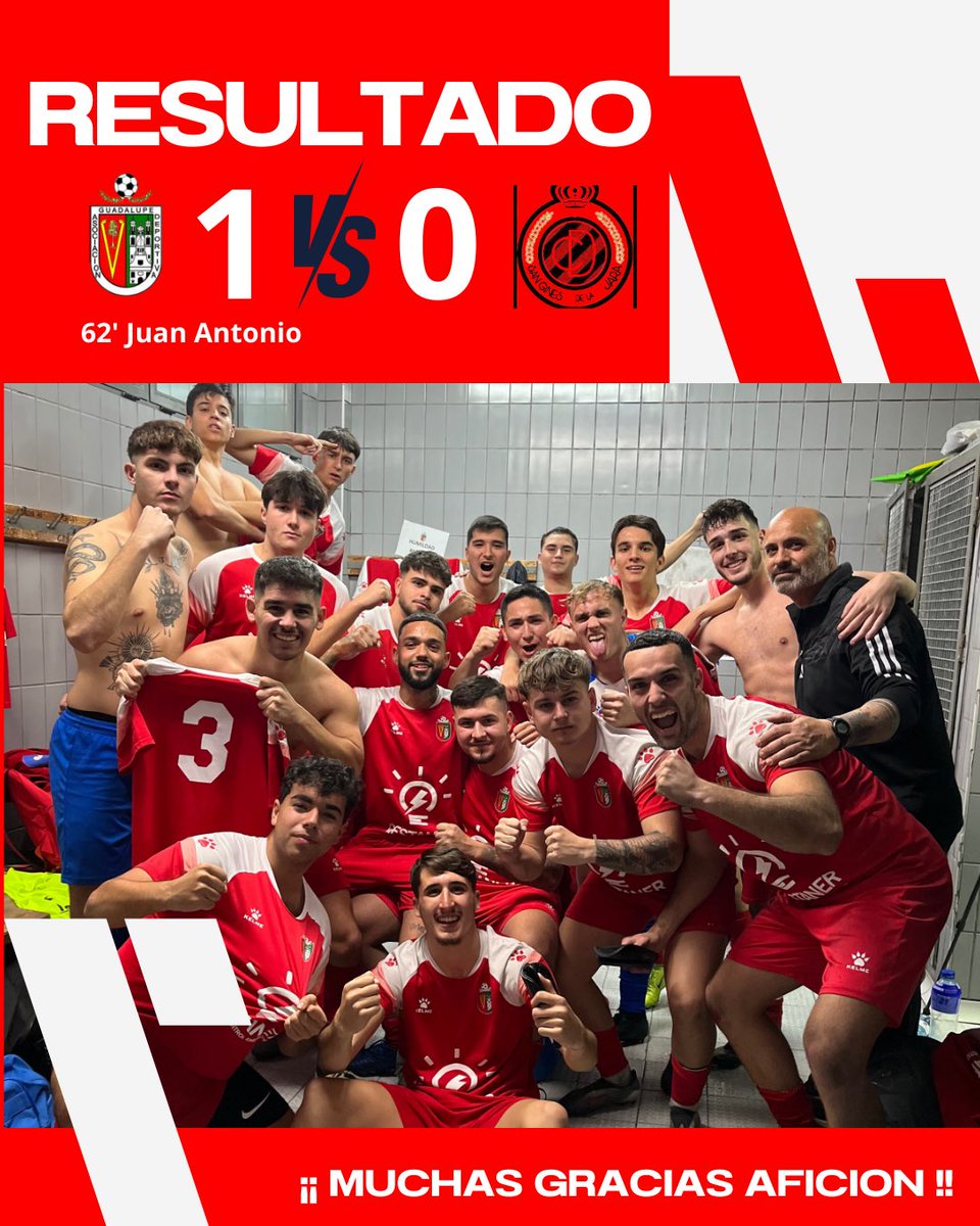 🤝🏽 TODOS JUNTOS COMO UNA FAMILIA 🤝🏽

1️⃣ Guadalupe

0️⃣ San Ginés de la Jara 

Victoria capital de nuestro equipo. Tres puntos importantísimos de nuestro equipo que supo jugar todas las fases del partido. Gran despliegue físico de todo el equipo. 

⚽️ Juanan

❤️ VAMOS ROJOS ❤️