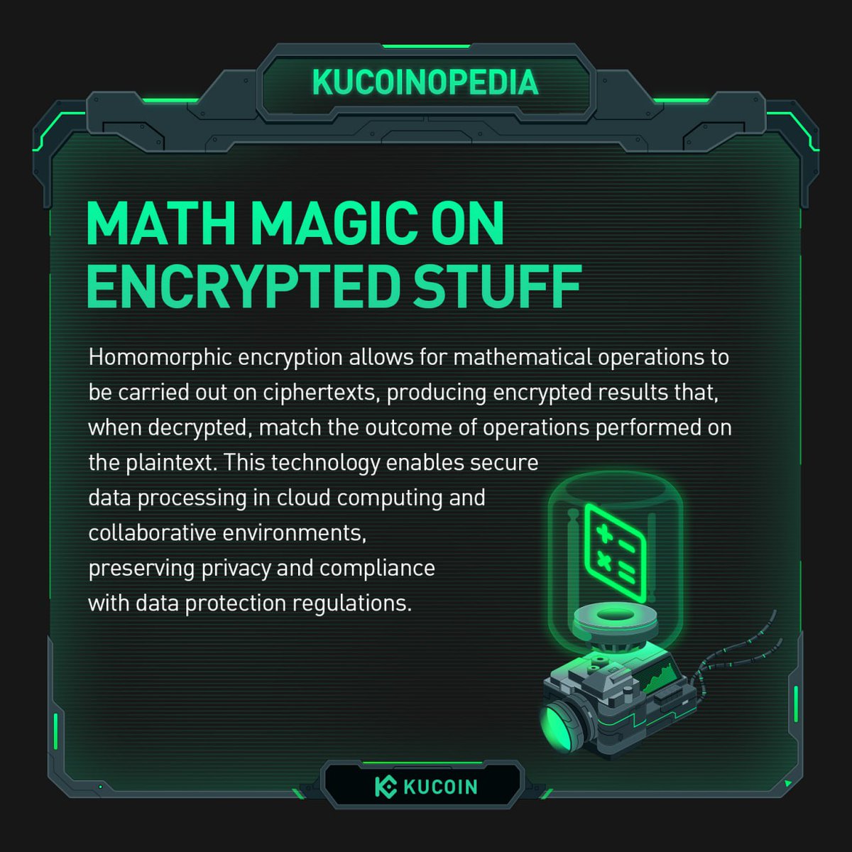 KucoinBD's tweet image. 📙 #KuCoinopedia: #HomomorphicEncryption
🔢 এনক্রিপ্ট করা ডেটা সহ গণিতের জাদু! হোমোমরফিক এনক্রিপশন আপনাকে কোনো সংবেদনশীল তথ্য প্রকাশ না করেই গোপনীয়তা এবং নিরাপত্তা নিশ্চিত করে সাইফারটেক্সটে গণনা করতে দেয়।
☁️ নিরাপদ ক্লাউড কম্পিউটিং এবং ডেটা প্রসেসিংয়ের জন্য পারফেক্ট।…