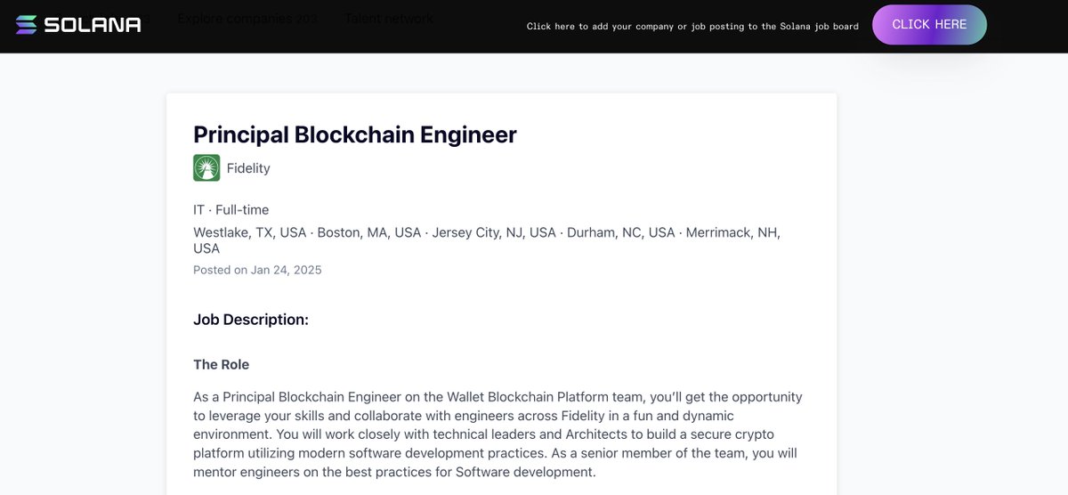Adoption: <a href="/Fidelity/">Fidelity Investments</a> is hiring #Solana Blockchain Engineers for its "Wallet team". "to enhance blockchain capabilities"

This indicates Fidelity is using or planning to integrate <a href="/solana/">Solana</a> into its services.