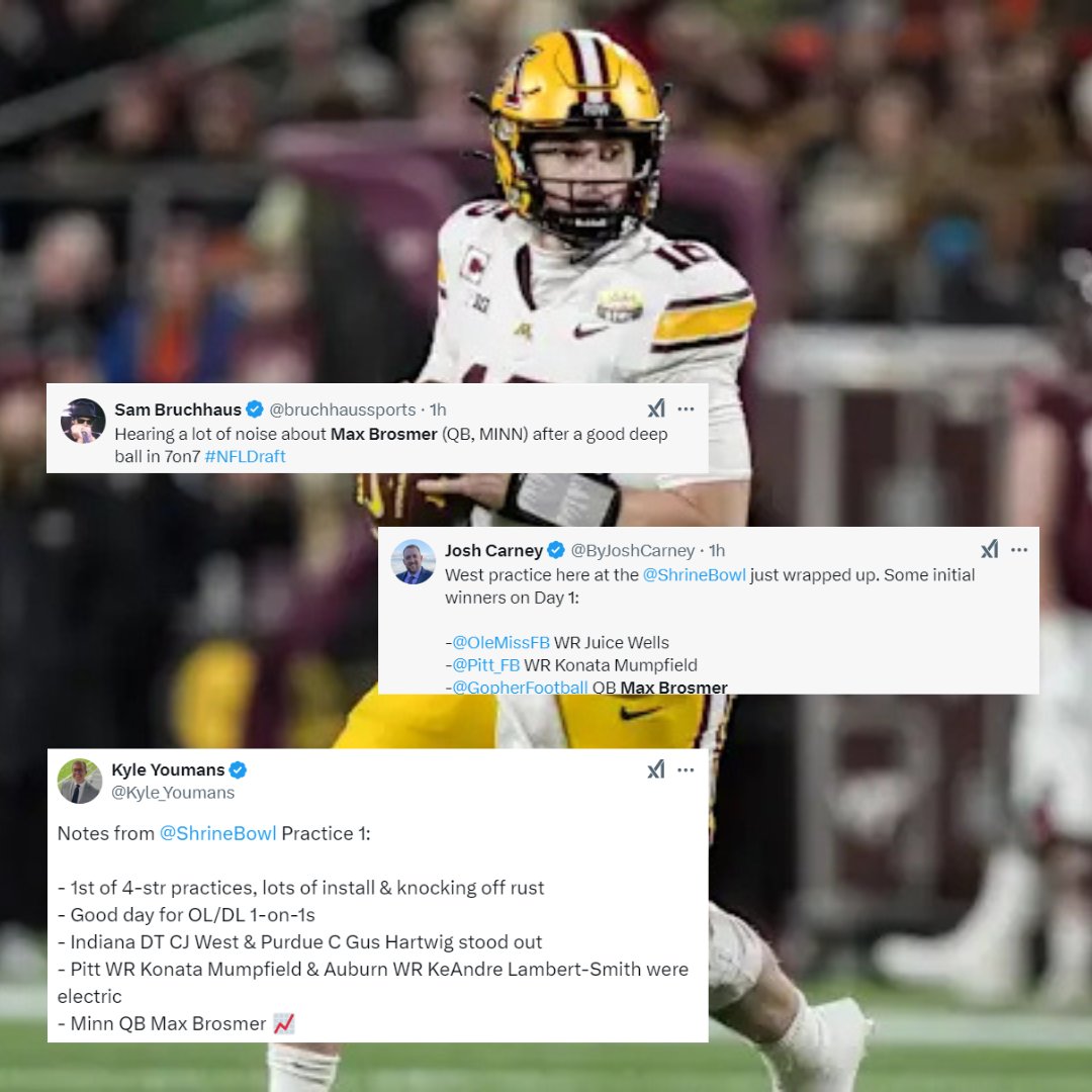 Tony Liebert (@tonyliebert) on Twitter photo #Gophers' Max Brosmer receiving some buzz on Day 1 of practice at the <a href="/ShrineBowl/">East-West Shrine Bowl</a>. Absolute dime on this touchdown throw. ๐ฅ๐ฅ #Gophers' Max Brosmer receiving some buzz on Day 1 of practice at the <a href="/ShrineBowl/">East-West Shrine Bowl</a>. Absolute dime on this touchdown throw. ๐ฅ๐ฅ