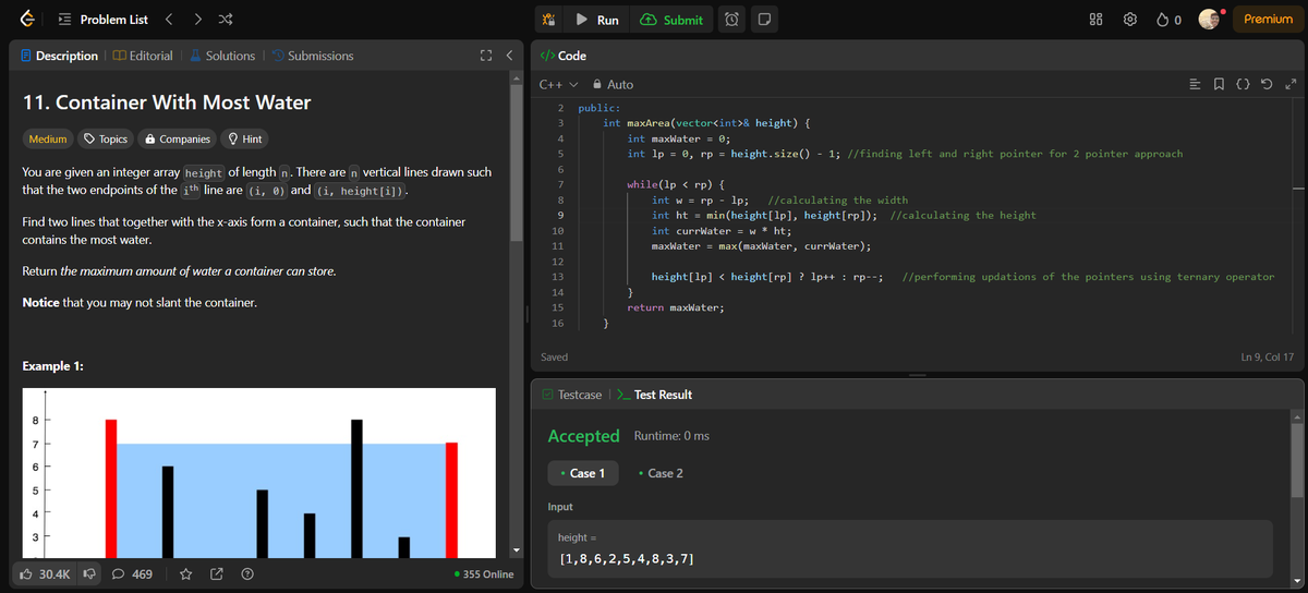 albion_codes's tweet photo. Day 11 of pursuing DSA
Tackled and learned another concept of the container with most water which also problem number 11 on LeetCode. Was able yo figure out Brute Force approach by myself - O(n^2)
The new thing was the 2 pointer approach - O(n)
#DSA #LeetCode #Coding #consistency https://t.co/waBBH15D3P