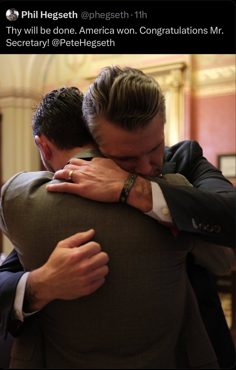 PeteHegsethReal's tweet photo. Love you brother. Let’s get to work! https://t.co/270J28kUYP