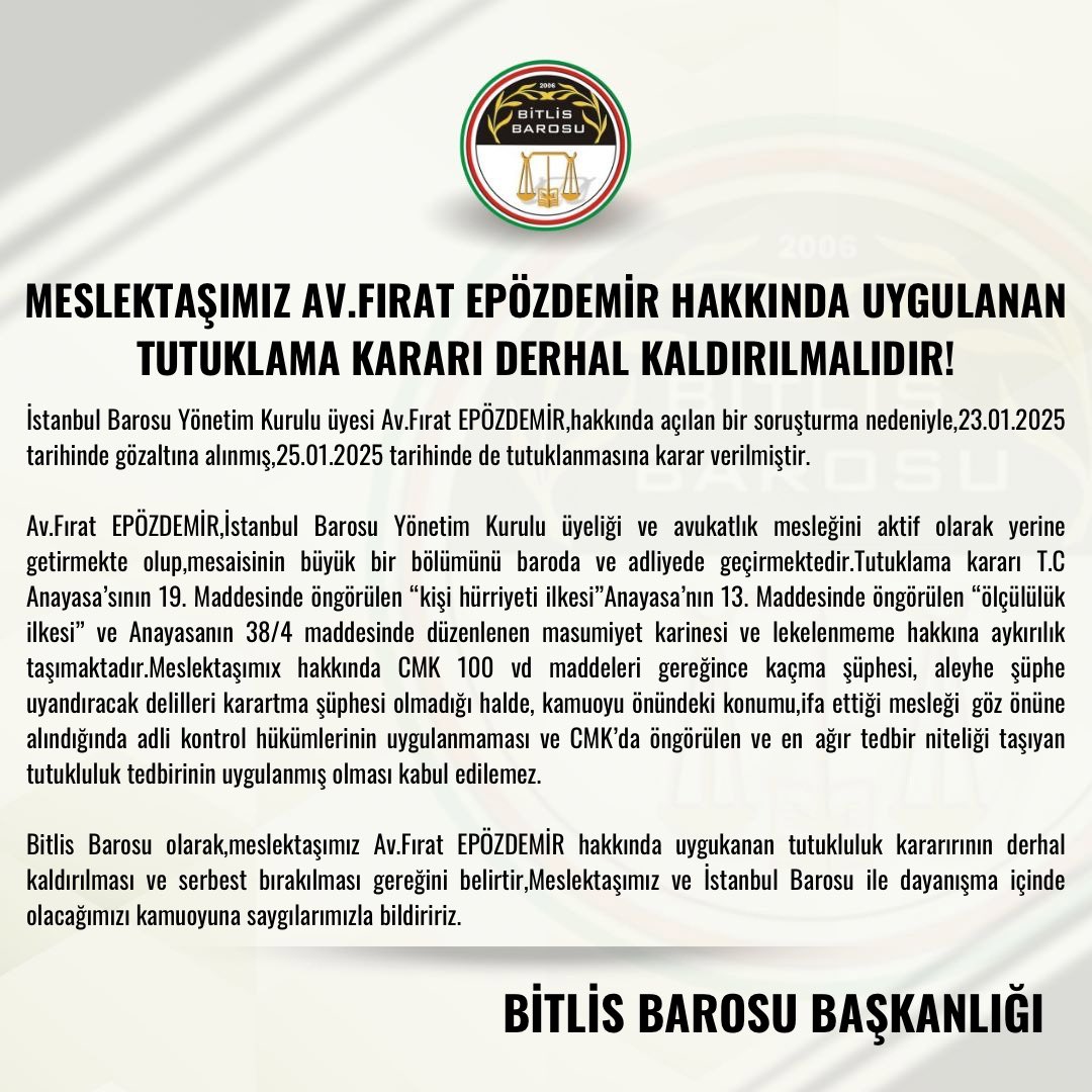 BitlisBarosu's tweet photo. MESLEKTAŞIMIZ AV.FIRAT EPÖZDEMİR HAKKINDA UYGULANAN TUTUKLAMA KARARI DERHAL KALDIRILMALIDIR! https://t.co/qgfrQXeBf3