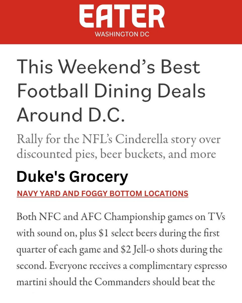Duke's Grocery (@dukesgrocery) on Twitter photo #RaiseHail at our Duke's NAVY YARD & FOGGY BOTTOM locations w/$1 select beers during the 1st Quarter & $2 jello shots during the 2nd Quarter of both NFC & AFC Championship Games. Present guests receive a complimentary Espresso Martini with a <a href="/Commanders/">Washington Commanders</a> winโผ๏ธ ๐๐ป๐ฅ๐ธ #RaiseHail at our Duke's NAVY YARD & FOGGY BOTTOM locations w/$1 select beers during the 1st Quarter & $2 jello shots during the 2nd Quarter of both NFC & AFC Championship Games. Present guests receive a complimentary Espresso Martini with a <a href="/Commanders/">Washington Commanders</a> winโผ๏ธ ๐๐ป๐ฅ๐ธ