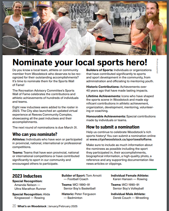 Woodstock Sports Wall Of Fame began in '96, and since then accomplished athletes, teams, coaches, and builders of sports have been recognized. Here's the info as posted in the Jan / Feb What's On Woodstock magazine. Deadline to submit nominations (resumes and photo) is March 30