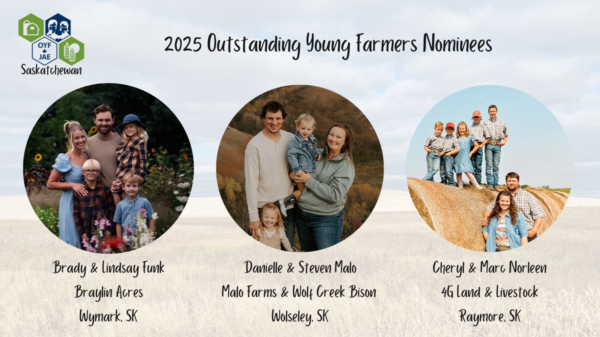 Sask Outstanding Young Farmers (@saskoyf) on Twitter photo We are proud to introduce the 2025 lineup of Nominees for Saskatchewan's Outstanding Young Farmers. Another group of exceptional farmers who are making meaningful contributions to #cdnag
Join us <a href="/cfsreginask/">Canada's Farm Show Regina, SK</a> March 19 to watch them compete for the provincial title! #COYFJAE We are proud to introduce the 2025 lineup of Nominees for Saskatchewan's Outstanding Young Farmers. Another group of exceptional farmers who are making meaningful contributions to #cdnag
Join us <a href="/cfsreginask/">Canada's Farm Show Regina, SK</a> March 19 to watch them compete for the provincial title! #COYFJAE