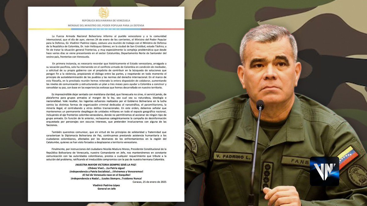 La Fuerza Armada Nacional Bolivariana (FANB), a través de un comunicado emitido por el Ministro del Poder Popular para la Defensa de Venezuela, Vladimir Padrino López, destacó la reunión sostenida con su homólogo de Colombia, Iván Velásquez Gómez.