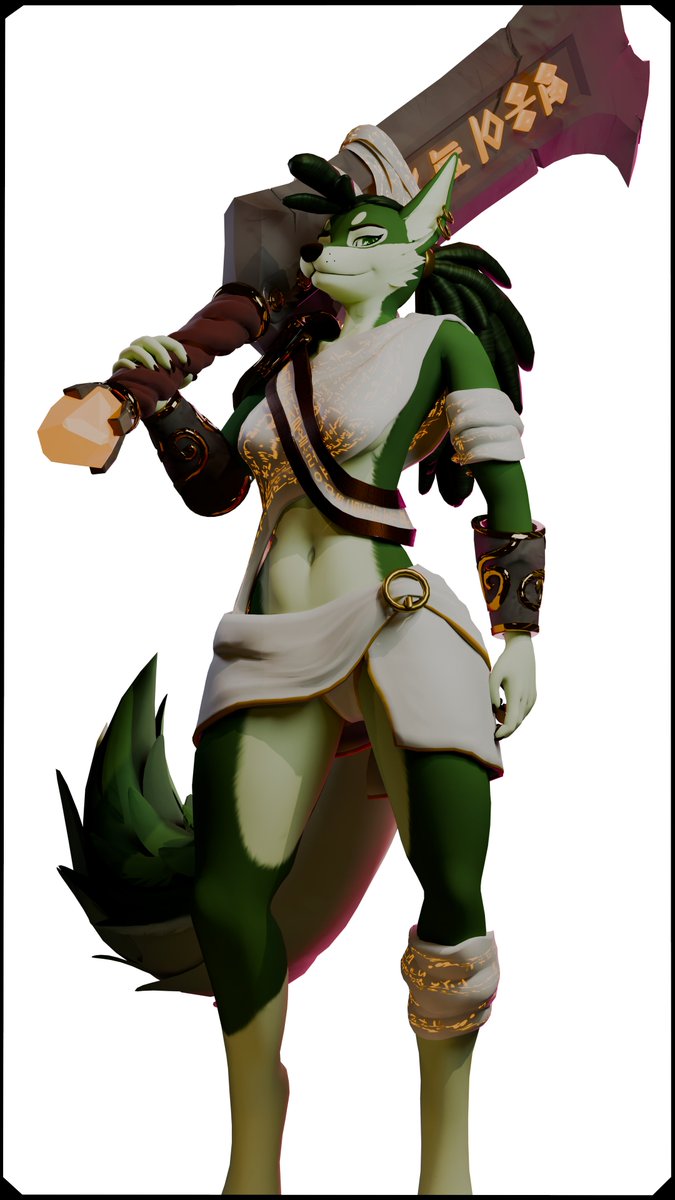 #Blender 

It's <a href="/LTSTdrawsArts/">Long Tails, Short Tempers</a>'s birthday today! To celebrate, I did a render of their warrior wolf Casta, looking VERY intimidating (she might want headpats though)