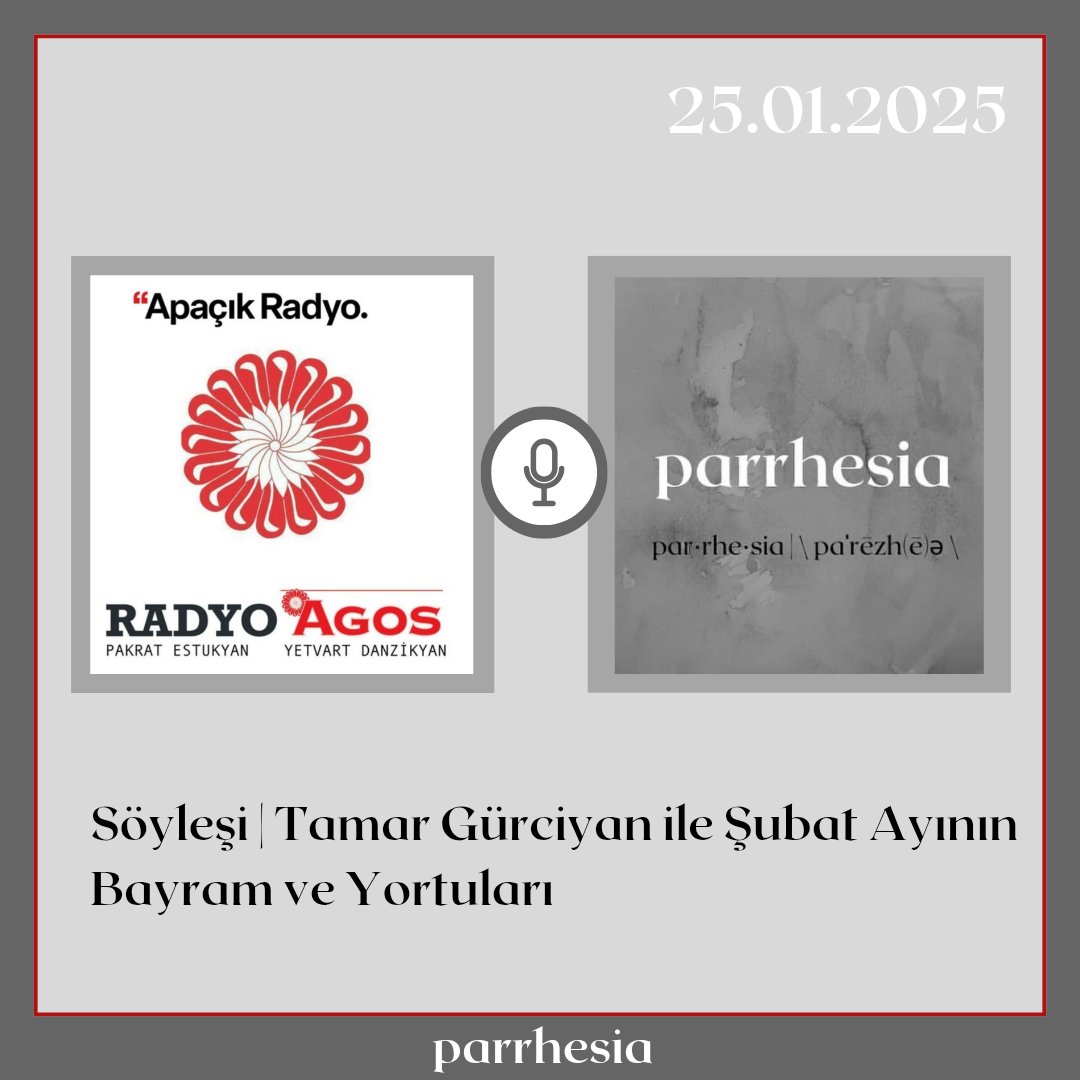 Kolektifimizden Tamar Gürciyan, Radyo Agos’ta şubat ayının bayram ve yortuları üzerine konuştu.

Söyleşiyi dinlemek için: 
open.spotify.com/episode/45bqWH…

#agos #radyoagos #apacikradyo #parrhesia #parrhesiameetings
