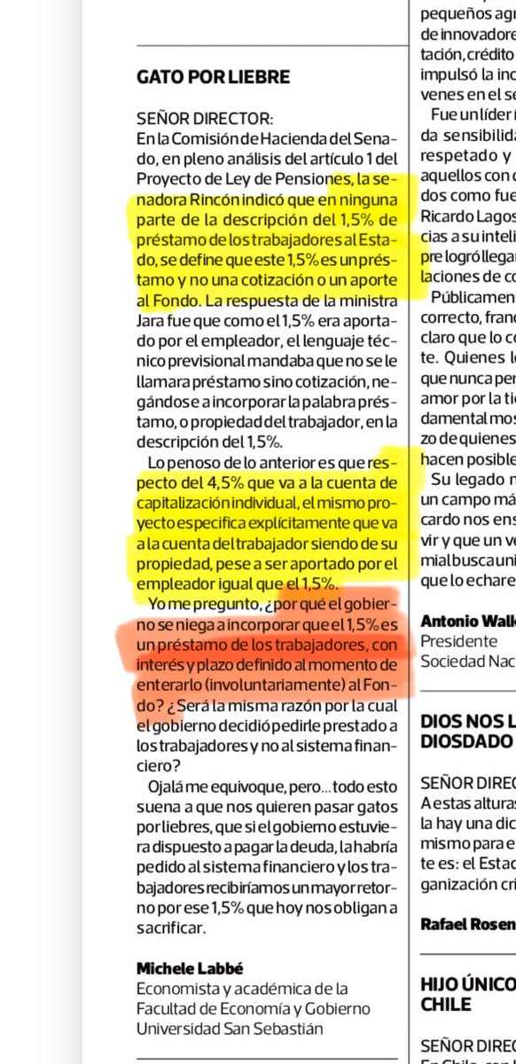 Tal como plantea esta carta de <a href="/michelelabbe/">Michèle Labbé</a>, en ninguna parte de la descripción del 1,5% de préstamo de los trabajadores al Estado de #ReformaPrevisional, se define q éste es un PRÉSTAMO. ¿Será q nos van a pasar gato por liebre? por decirlo suave.