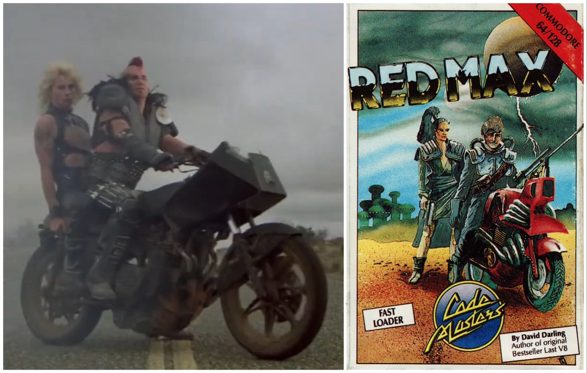 JoachimHesse's tweet image. In #RedMax von 1986 steuert ihr ein rot-weißes Motorrad durch die apokalyptische 8-Bit-Landschaft. Zunächst am #C64, später auch auf Atari-Computern. Ob #Codemasters bei der Namensgebung und Titelgestaltung ein Vorbild im Sinn hatte - Kinohit #MadMax2 von 1981 z.B.? #Inspirations