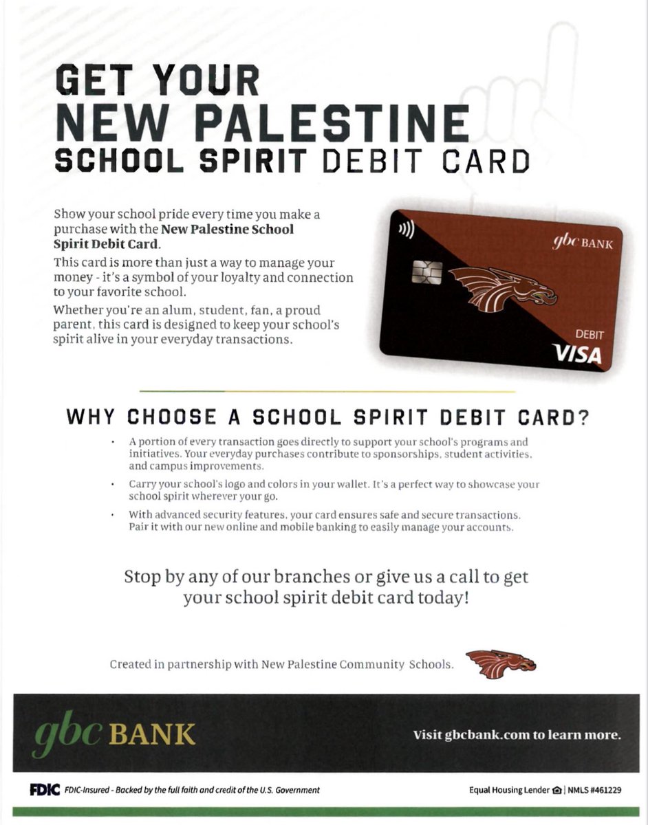 Partner with New Palestine Community Schools, Greenfield Banking Company, &amp; New Palestine Education Foundation to show your school pride &amp; support our amazing schools! Every swipe is $ for our schools! We are aiming for 100% participation! <a href="/NewPalCS/">New Palestine Community Schools</a>