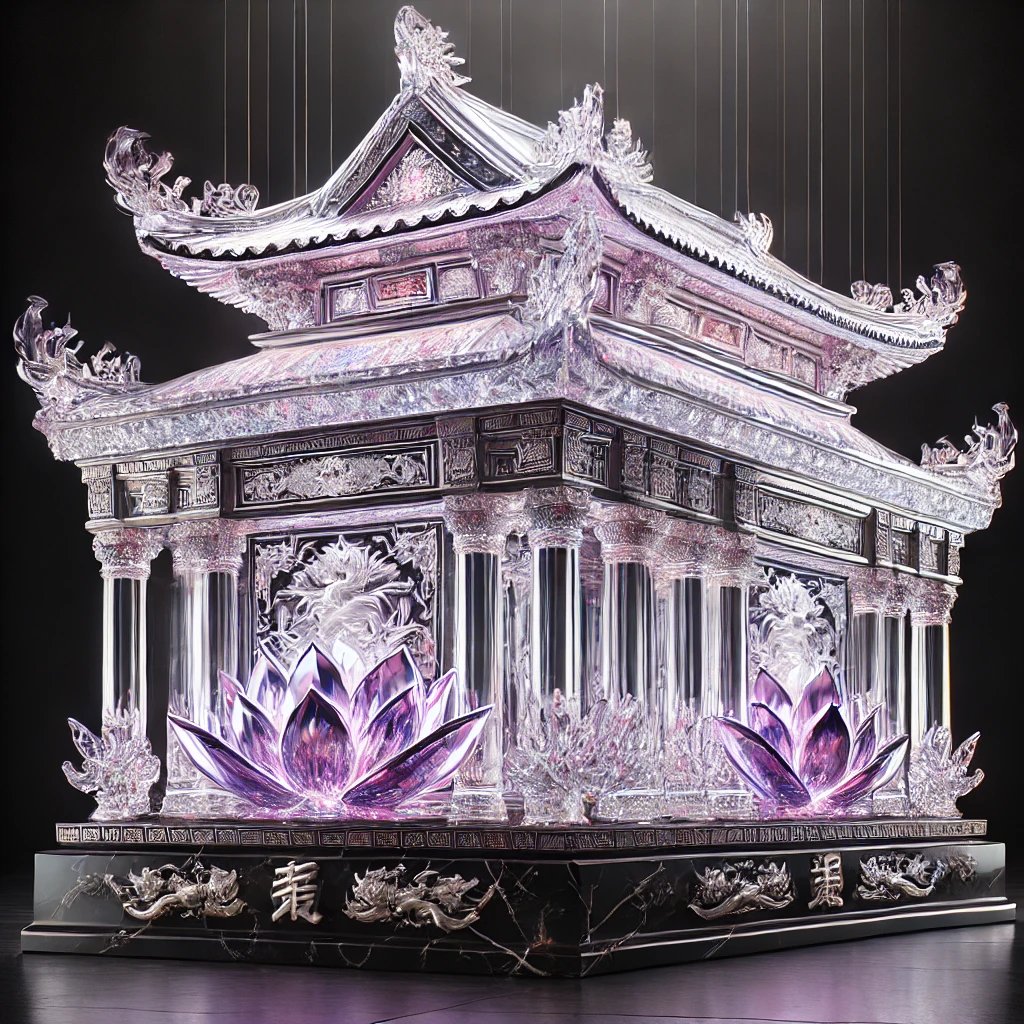 這是一個基於@xAI設計的習近平水晶靈寝草圖，呈現了中國傳統建築風格與高貴的水晶元素結合的外觀。設計包含龍鳳雕刻、蓮花圖案，並搭配LED燈光效果，展現出權威與文化象徵。