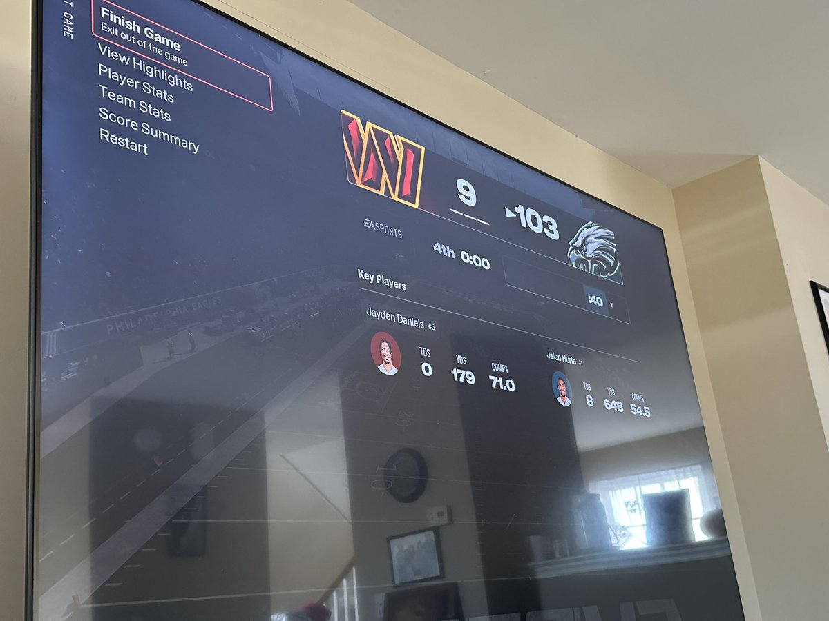 My son just did this on <a href="/EAMaddenNFL/">Madden NFL 26</a> !! Can this please be the score of the game tomorrow? 😂😂 <a href="/Eagles/">Philadelphia Eagles</a> 🦅 🦅 GO BIRDS!!