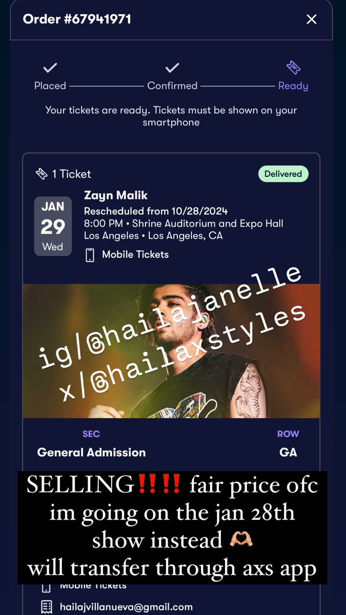 hailaxstyles's tweet photo. SELLING  ZAYN TICKET FOR LA SHOW 1/29 GA‼️ 
Paypal g&amp;s only
Axs app transfer https://t.co/lNNTyo9oi9