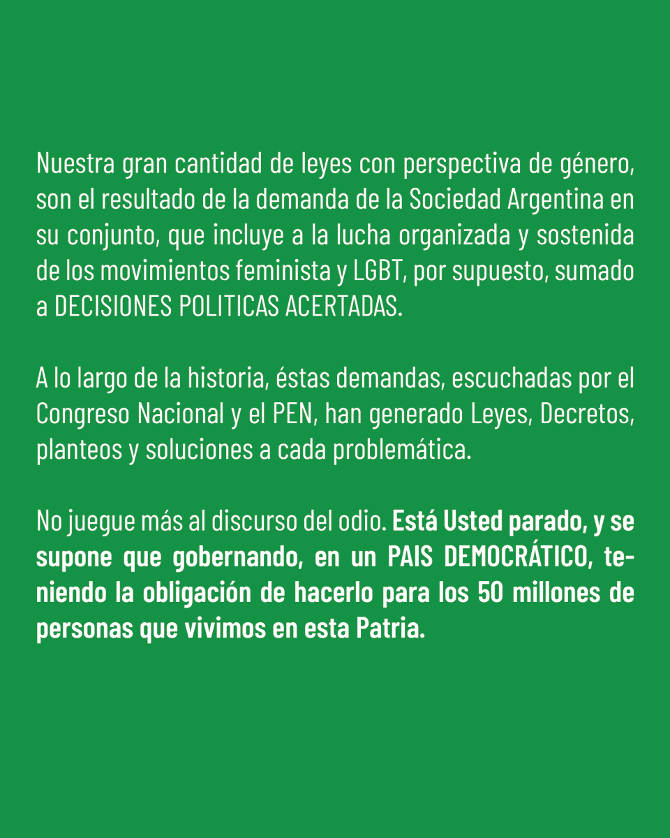 KolinaBsAs's tweet photo. Sr. Presidente:
Está Usted parado, y se supone que gobernando, en un PAIS DEMOCRÁTICO, teniendo la obligación de hacerlo para los 50 millones de personas que vivimos en esta Patria.

Basta de provocaciones.

#KolinaFeminista
#Davos #Milei https://t.co/m6SCo28LJA
