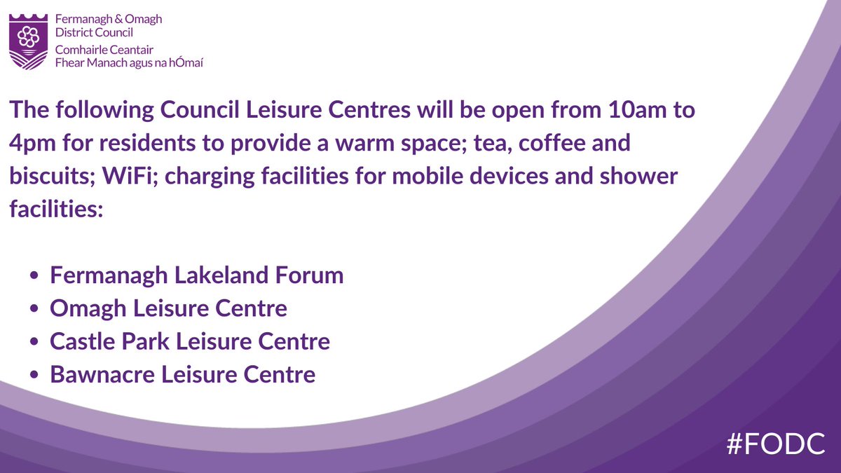 The Council's Leisure Centres will be open tomorrow Sun 26 January 2025 from 10am-4pm to support residents who've been affected by powercuts as a result of #StormEowyn

This will provide a warm space; tea, coffee &amp; biscuits; charging &amp; shower facilities &amp; WiFi
<a href="/NIElectricity/">NIE Networks</a>