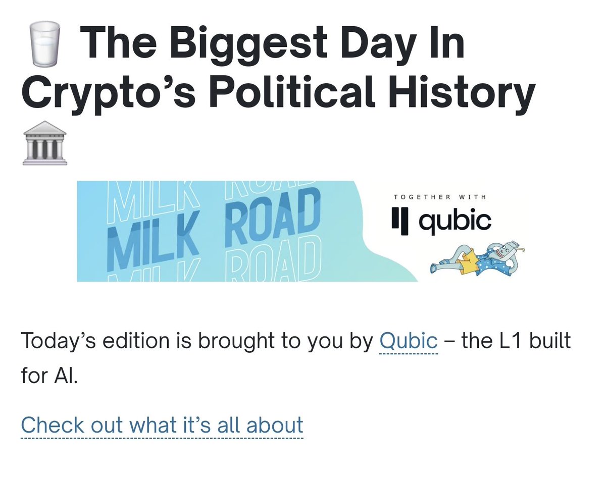 bRaven52's tweet photo. $QUBIC on @MilkRoadDaily click, read and like!
Today’s edition is brought to you by Qubic – the L1 built for AI.
#MilkRoad #Crypto #AI
https://t.co/RikatRXSKN https://t.co/XC58O4pPFm