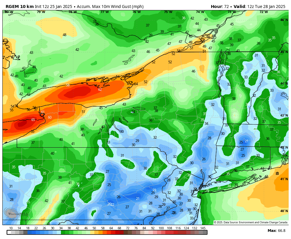 A High Wind Watch is in effect for Rochester and points westward from Monday morning through Monday night. A slightly unusual setup for us locally, but one that could still produce 50-60 mph wind gusts at times. Gusts of that caliber will be enough to bring down branches &amp; result