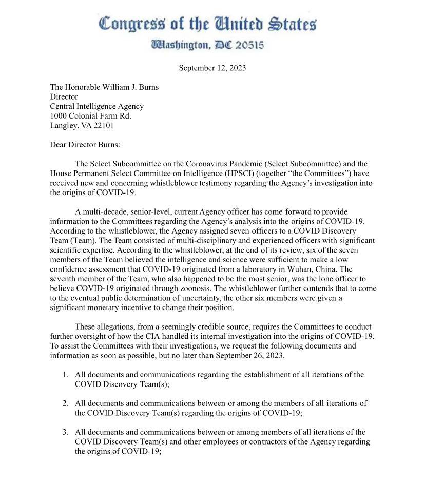 MJTruthUltra's tweet photo. BREAKING: The C.I.A, now under the control of John Ratcliffe, determines the Covid Pandemic Began from a Lab Leak

The C.I.A. denied this for years… 

Now we know why Anthony Fauci was pardoned for all crimes after Jan 2014. Because gain of function began in 2014 and he is likely guilty of creating the virus that caused a world-wide pandemic.

FLASHBACK: 
The CIA tried to pay off six analysts who found SARS-CoV-2 likely originated in a Wuhan lab if they changed their position and said the virus jumped from animals to humans, according to a letter sent to CIA Director William Burns.

They knew all along… now it’s time for people to go to jail. 

Video Summary
https://t.co/16BONvboqE

Select Subcommittee on the Coronavirus Letter
https://t.co/VtAl8qQKKi