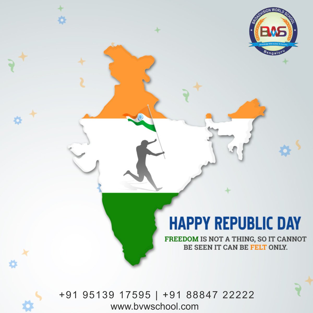 bvwschool's tweet photo. 🇮🇳 Celebrate Republic Day with BVW School! 🇮🇳

🎉 Join Broadvision World School in commemorating the 74th Republic Day of India with pride, unity, and enthusiasm!

📅 Date: January 26th
📍 Venue: BVW School Campus

#RepublicDay2025 #CelebrateUnity #ProudToBeIndian #IndiaFirst https://t.co/VcRaB1CZQr