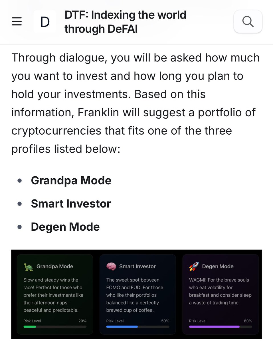 MemeIndexer's tweet photo. Im building this under the ticker $DTF

releasing DeFAI Agent Franklin V1 next week, which asks

- how much you want to invest
- your investment horizon
- and what your risk profile is

more info here: https://t.co/OBISKfbzau

@solana 
EmhVWGUa2Q9PN4QjzFjvuVyzFKg4s3ERwjKR9dQDpump  

@base 
0x84054a6b72dd5c58Da8106e410e62658083a80E4

Powered by @reserveprotocol Decentralized Token Folio infra