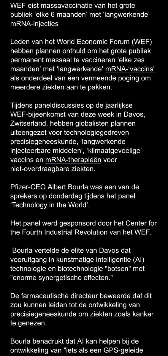 Leon_Denkt_Zelf's tweet photo. https://t.co/4DVwZ48m99
#WEF eist #massavaccinatie van het grote publiek ‘elke 6 maanden’ met ‘langwerkende’ #mRNA-#injecties
World Economic Forum (WEF) hebben plannen onthuld om het publiek permanent massaal te #vaccineren ‘elke zes maanden’ met ‘langwerkende’ mRNA-‘#vaccins’ https://t.co/T4NRklMWQv