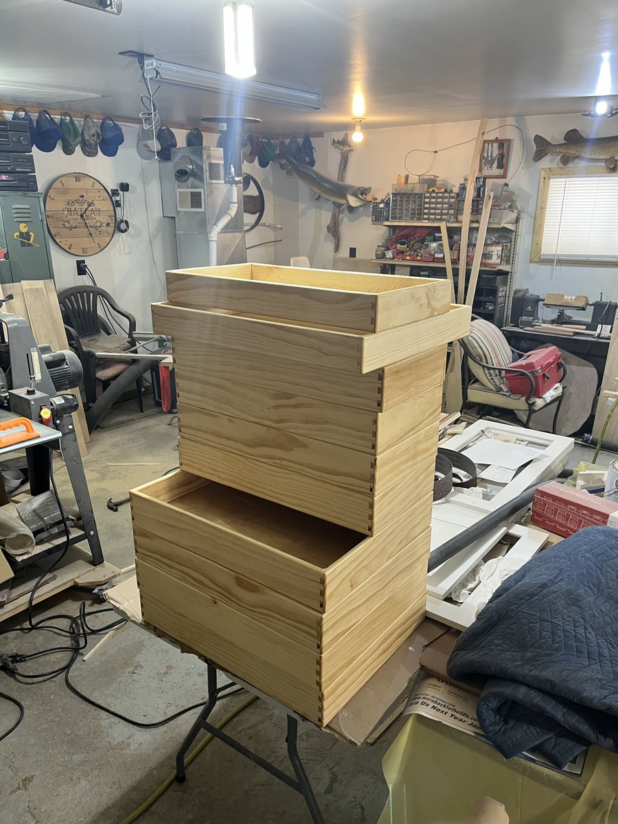 It's a balmy +22F this morning in northern MN. Attached is stack of pantry drawers finished yesterday. I won't attach the slides until back home &amp; get final dimensions at the specific locations.Working on 5 drawer faces today.Only 3 upper cabinet sections left but need some ply😊