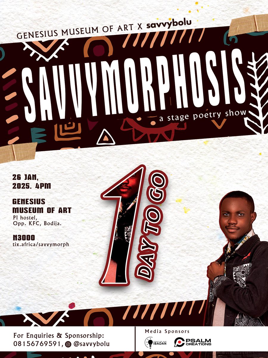 Muyiwa (@muyivva) on Twitter photo <a href="/savvybolu/">savvyNOTsavage</a> anchored two poetry shows organized by <a href="/VoidsandVoices/">Voids & Voices</a>
last year: Power Lines & Avalanche. You had to be there!
He's headlining his own poetry show tomorrow. You know what to do: tix.africa/savvymorph <a href="/savvybolu/">savvyNOTsavage</a> anchored two poetry shows organized by <a href="/VoidsandVoices/">Voids & Voices</a>
last year: Power Lines & Avalanche. You had to be there!
He's headlining his own poetry show tomorrow. You know what to do: tix.africa/savvymorph