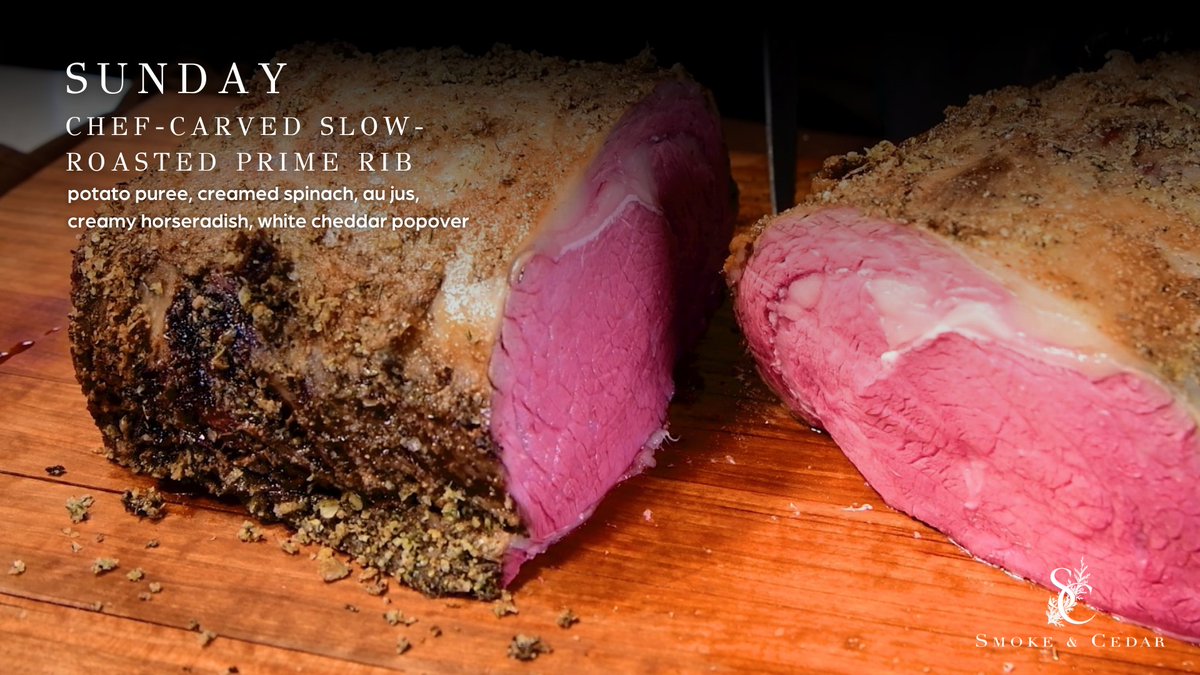 SUNDAY FEATURE AT SMOKE &amp; CEDAR! 🥩 LAST CHANCE! 
Try the Chef-Carved Slow-Roasted Prime Rib Special! Comes with a potato puree, creamed spinach, au jus, creamy horseradish and white cheddar popover! 

Make your reservation today! ✨ muckleshootcasino.com/dining/smokece…
