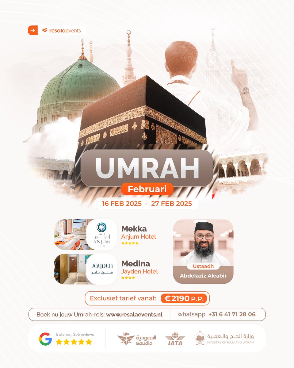 resalaevents's tweet photo. 𝗗𝗲 𝗹𝗮𝗮𝘁𝘀𝘁𝗲 𝗽𝗹𝗲𝗸𝗸𝗲𝗻 voor deze unieke Umrah in februari tijdens de voorjaarsvakantie!

Boek direct en reis samen met je vrienden en familie:
𝗪𝗲𝗯𝘀𝗶𝘁𝗲: https://t.co/FaUlFFZfuN
𝗪𝗵𝗮𝘁𝘀𝗮𝗽𝗽: +31 6 41 71 28 06 https://t.co/FeiYJfhndj