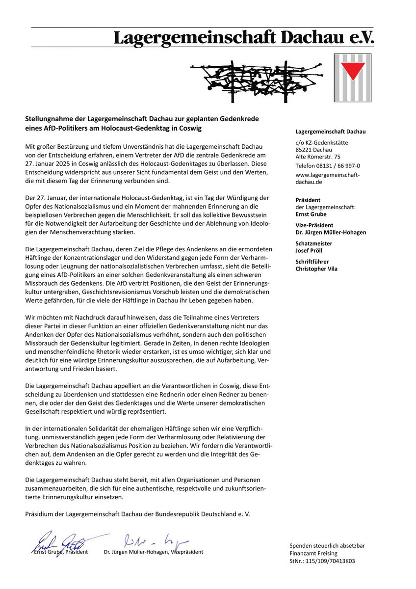 cvila_museum's tweet photo. @slagausns Die Lagergemeinschaft Dachu teilt die Sorgen und Empörung der @slagausns und nimmt zum geplanten Gedenkakt mit einem AfD-Redner in Coswig Stellung. https://t.co/IJMN3XPbNJ