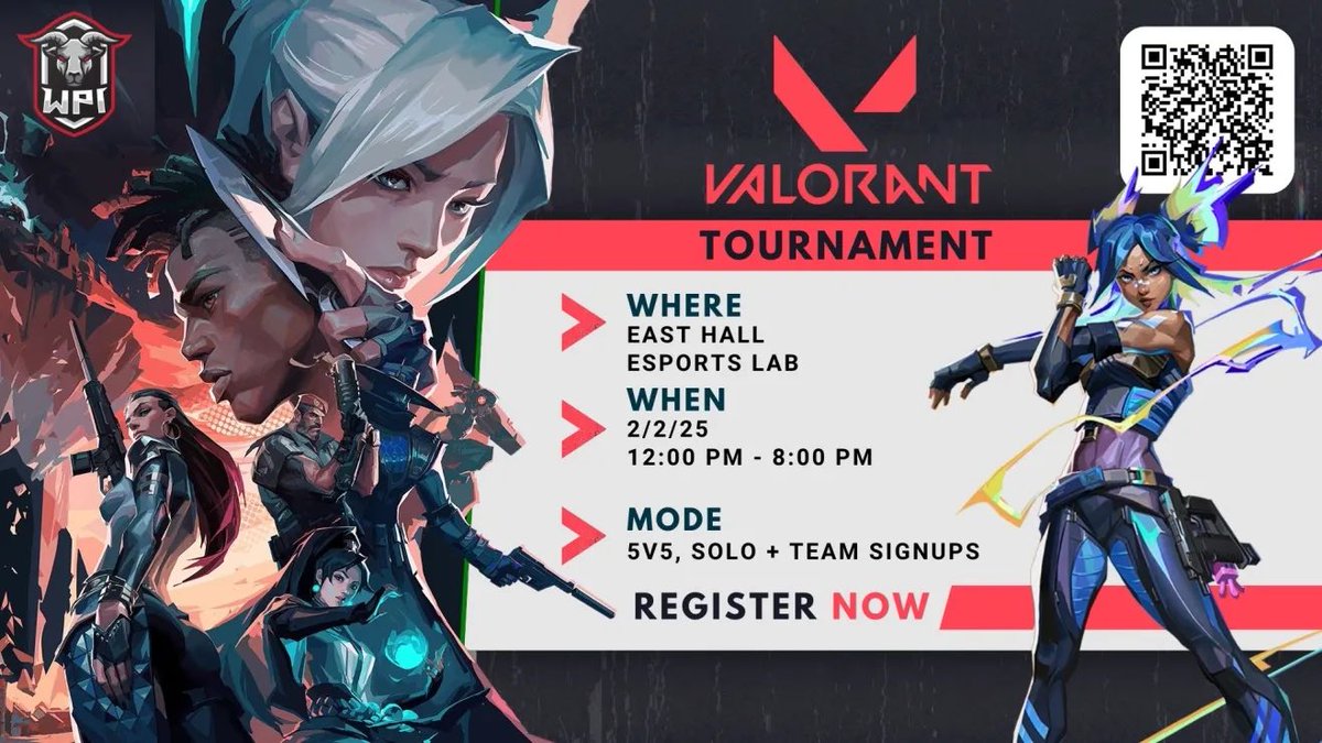 Valorant tournament is back! It will take place on February 2 at 12PM in the East Hall Esports Lab.

The format is 5v5 and all skill levels are welcome! Sign up as an individual, or with a group of your friends! 

Sign up by January 30th at 11:59PM :
forms.gle/fpcHsWpeKpGXfe…