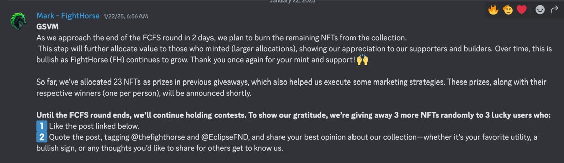WittyChartGuy's tweet photo. Gsvm. 

Some alfafa for the eCommunity, who are grinding in the trenches on a Saturday... 👇

Bummed that Lazy didn't get to pick up any additional @thefighthorse Trench Warriors on @EclipseFND.

Think the late narrative of eNFT launches being money grabs has made the eCommunity more skeptical of any new mints, and this has hurt a lot of legit projects.

Lazy believes @thefighthorse to be a legit project. 

They are Eclipse OGs, and have been building since the beginning.

They are Eclipse's native Launchpad, and have already bonded 5+ memecoins $TWIF, $TURBO, $HORSE, etc. Eclipse is still in the early innings, and if you believe it will succeed, then the meme ecosystem will flourish as well.

The Fighthorse team is based. Not only did they already build an awesome product, they are also all over twitter and discord answering questions from the community. Can't say the same for all projects, but Lazy really trusts the team.

Actions speak louder than words, and @thefighthorse made the decision to burn the remaining supply of Trench Warriors. 

This is a HUGE benefit for all NFT holders, based on the guaranteed airdrop distribution for tokens that use their 'allocations' feature. 

Lazy Alfafa
The original size of collection was 6969, but now the total supply is 734.

1 NFT (6969 supply) = .0143% of airdrop allocation
1 NFT (734 supply) = .136% of airdrop allocation

This means each Trench Warrior NFT airdrop allocation is worth ~10x more.

With ~90% NFT supply reduction, and a 10x airdrop allocation per NFT, one might argue that each NFT will be worth 10x the mint price 👀

Lazy believes it's +EV to pick some up on @scopenft while mindshare is low. All it takes is one successful launch on @thefighthorse and Trench Warriors are going to explode.

Going to pick a few up now, are you?

@asclubnft @ascskellydao @Validators_ @solar_dex 🤝

Eclipse Everything