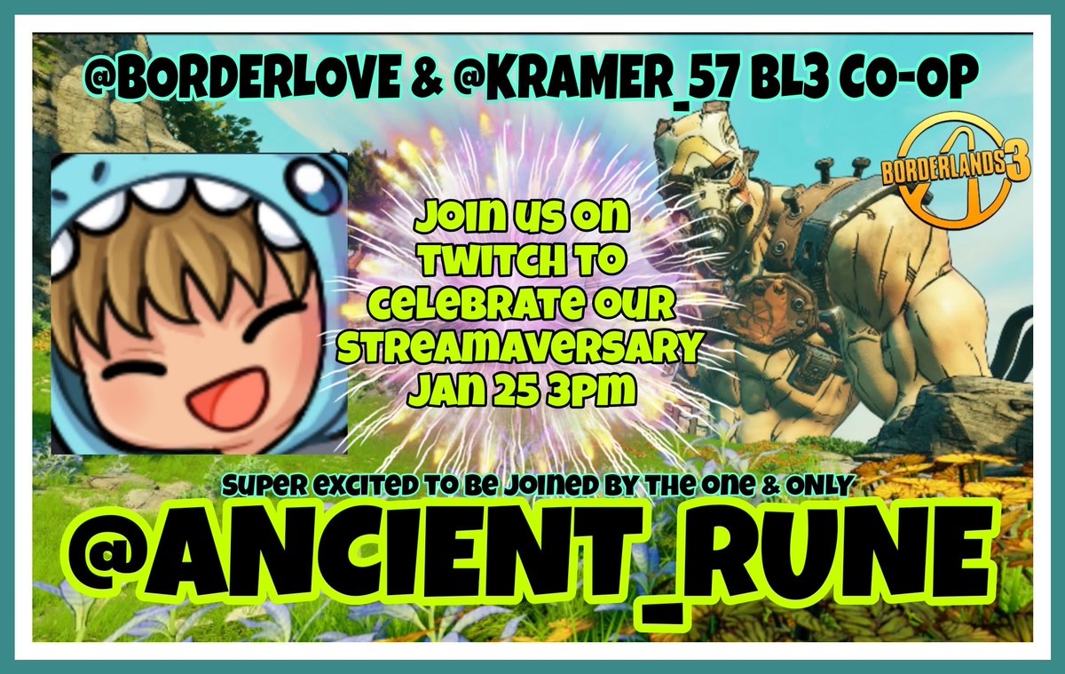 KillzLola's tweet photo. Whoop whoop!Streamaversary baby!3 years and we be celebrating with Kramer_57&amp;Ancient Rune!! Join us on Twitch as Rune shows off some of his OP builds for BL3!Today at 3pm EST on Twitch:https://t.co/eUgWDJTM3J
https://t.co/FyKl8NycED
https://t.co/ElnbHfTapj
https://t.co/og1WnssgVs https://t.co/7SRRhjTIiM