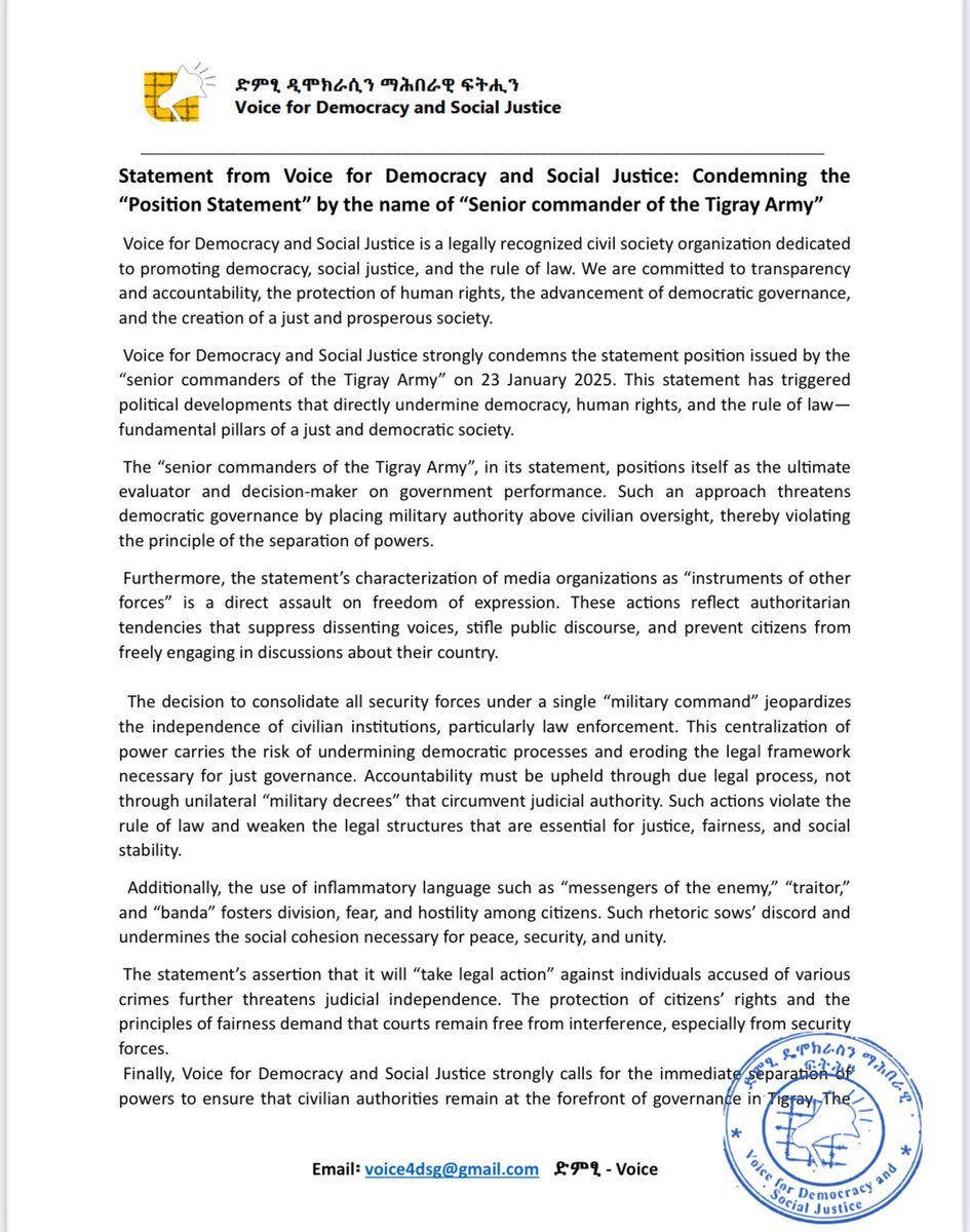 VoiceDimtsi's tweet photo. Voice for Democracy and Social Justice: Standing Against Militarization and Defending Democracy-
Condemning the “Position Statement by the Senior Commanders of the Tigray Army” https://t.co/6XVZ70qnrY