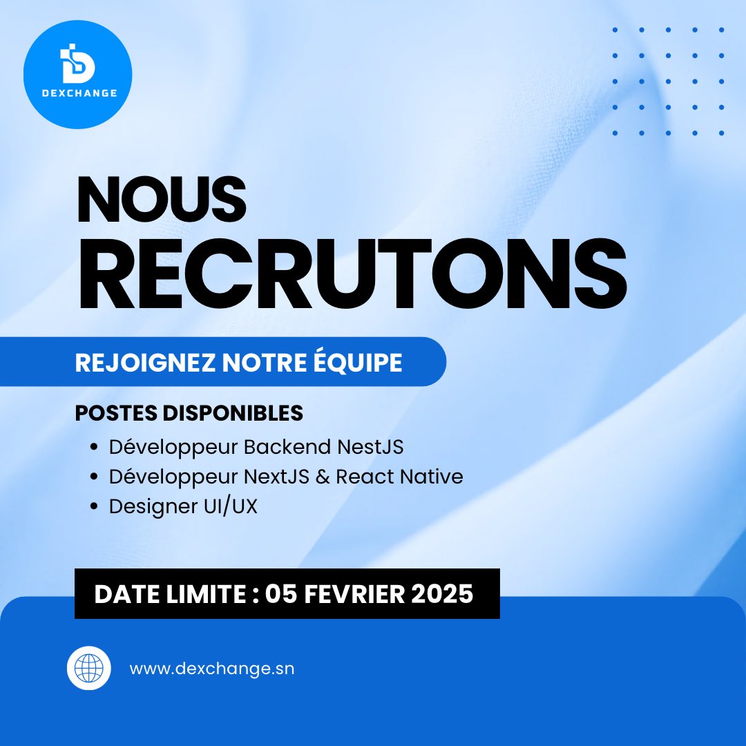 🎯 Rejoignez notre équipe ! 🚀

Nous recrutons des talents passionnés pour rejoindre notre aventure. Voici les postes à pourvoir :

💻 Développeur Backend NestJS
Vous êtes expert en NestJS, TypeScript et bases de données comme MongoDB ou PostgreSQL ? Ce poste est fait pour vous !