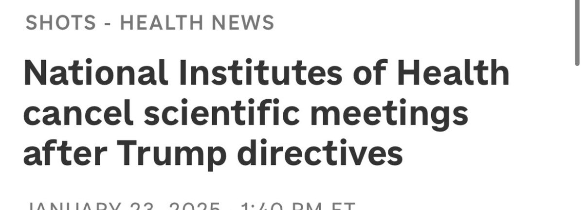 Mike_Hawkhard's tweet photo. It’s a pretty misleading post. NIH has stopped all external communication and meetings temporarily unless reviewed by a Trump appointee. And the freeze is only until 1st feb.