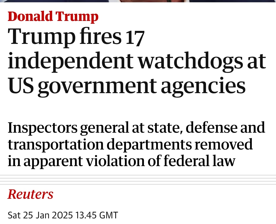 Parody_PM's tweet photo. Trump fires 17 inspectors whose job is to investigate waste, fraud and abuse of power in government. 
They will be relaced by people trained to root out any sign of honesty, efficiency or democracy. https://t.co/M8yWa5wKNZ