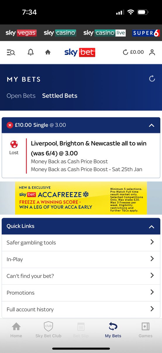 Settled and not been given cash back? <a href="/SkyBet/">Sky Bet</a> <a href="/SkyBetHelp/">Sky Bet Help</a>