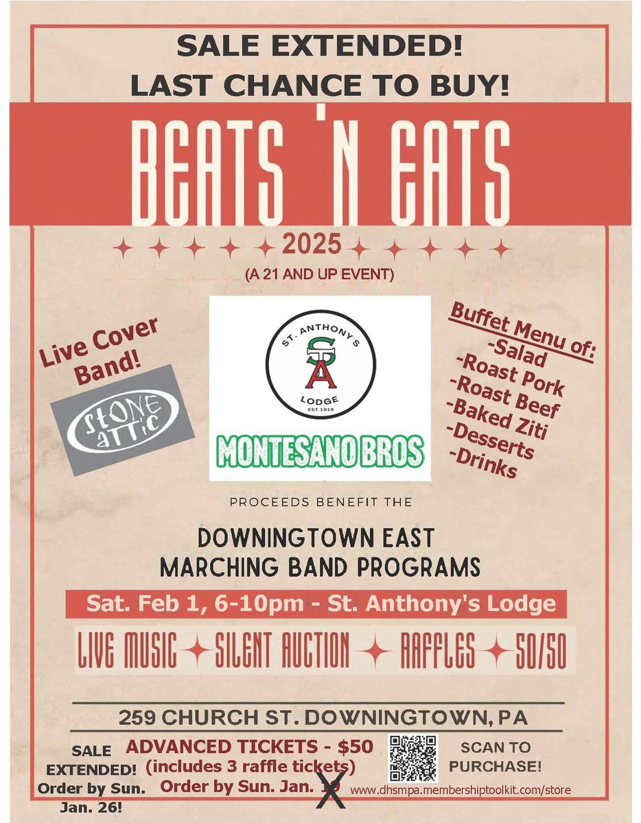 DEHSMB's tweet photo. 🎶🍔 Beats n Eats Fundraiser – Feb 1st! 

Don’t miss out on an amazing night supporting the D East Marching Band! Join us for a night of great food, live music, and fun—all for a great cause.

⏰ Ticket sales end TOMORROW!

https://t.co/BrEQvNCcW4?

#MarchingBand #SupportTheArts https://t.co/UBUIXbKcGZ