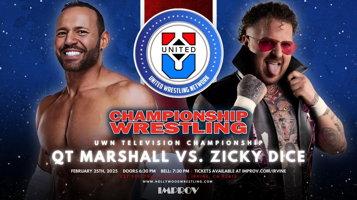 One month away from <a href="/unitedwrestling/">United Wrestling Network</a> return to <a href="/TheIrvineImprov/">Irvine Improv</a> for a <a href="/CWFHollywood/">Championship Wrestling</a> television event! See stars from AEW, NJPW, <a href="/WWEID/">WWE ID</a> prospects and your UWN favorites on the same card! Don’t miss the crowing of our first woman’s world champion! 

Tickets on sale now at