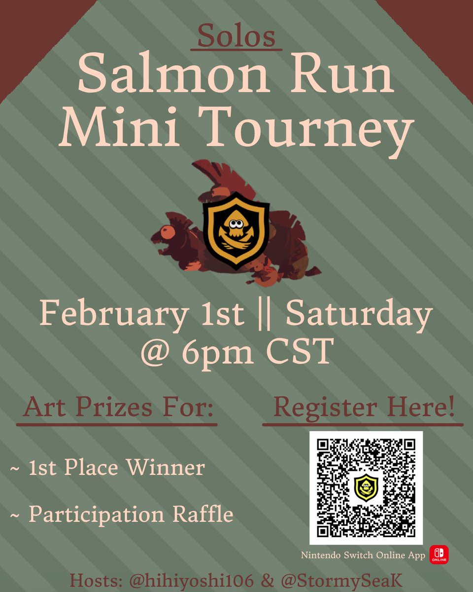 ✨A QUICK AND EASY TOURNEY!✨

The Salmon Run Mini Tourney is a SOLOS event on Feb. 1st @ 6pm CST.
There are 2 opportunities to win an ART PRIZE!! Please Repost to help spread the word! (We are badge hunting!) 
Check out the thread for more info. 🧵