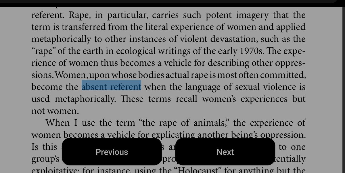 ZMadon's tweet photo. Interesting read. My biggest takeaway from the book was the concept of 'absent referent'. #SexualPoliticsofMeat https://t.co/mTaR3oMQm9