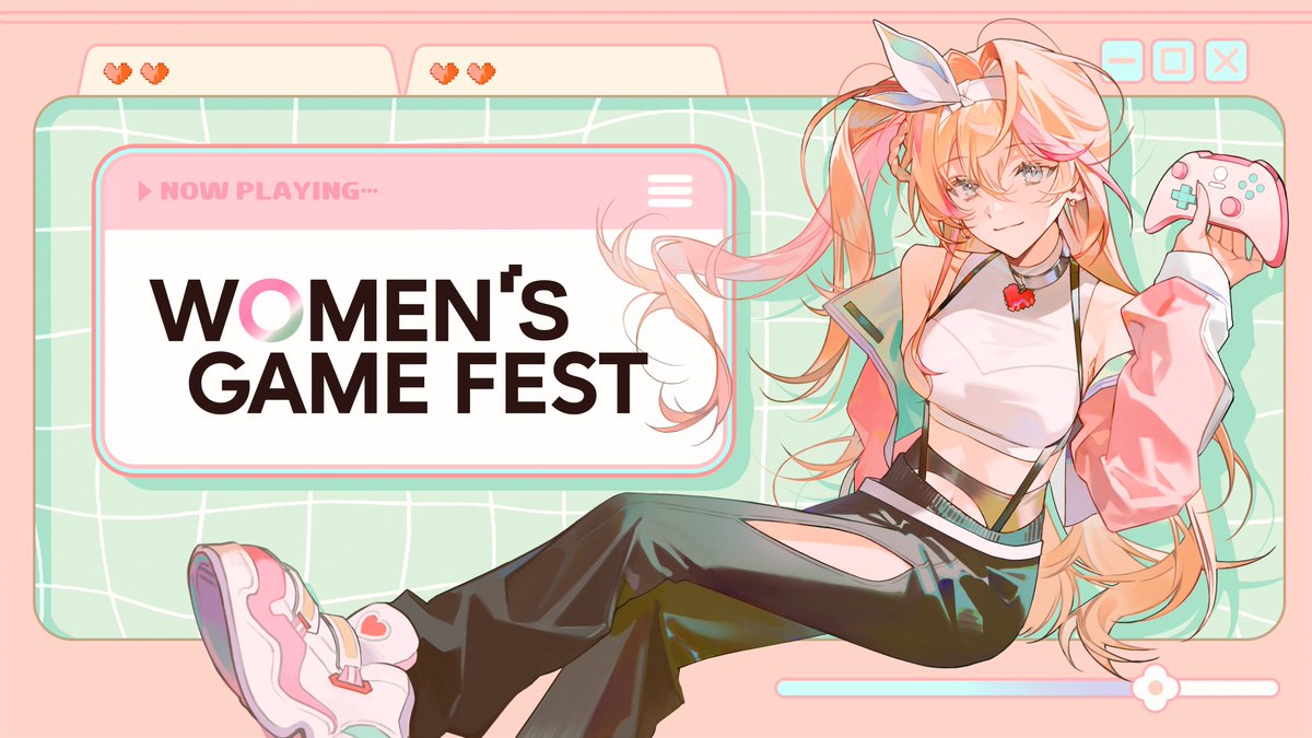 anime style illustration of a woman with long hair sitting down and smiling while holding up a game controller with her left hand. the logo on the left reads
WOMEN'S GAME FEST