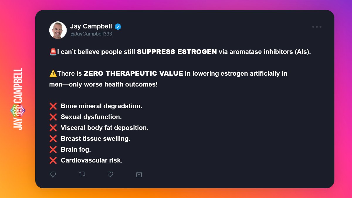 JayCampbell333's tweet image. #Estrogen is ESSENTIAL for male health, yet most doctors still push estrogen-blocking AIs under the false illusion of cutting-edge therapy.

Get the truth about #TestosteroneOptimization, estrogen balance, &amp;amp; why inflammation is the real issue: TOTDecoded.com
