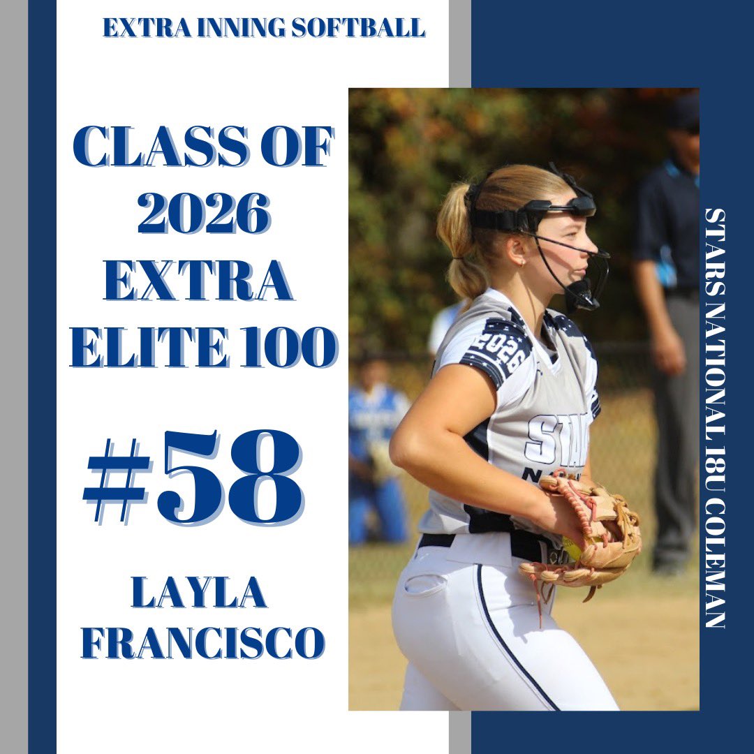 LaylaFrancisco6's tweet photo. Thank you, Extra Inning Softball for recognizing me as number #58 in the Class of 2026 Elite 100 Pitchers 🫶🏼#TheBestIsYetToCome #Mark9:23
@starsnationalfp
@StarsNat18U
@ExtraInningSB https://t.co/C2K99bIASI