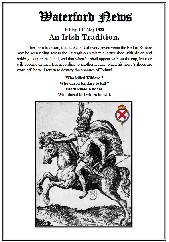 curraghhistory's tweet image. In May 1858, an article in the Waterford News, reminded people about the folklore in County Kildare and how the Earl of Kildare makes his appearance every seven years, riding his white horse across the Curragh plains.
curragh.info/archives/Irish…