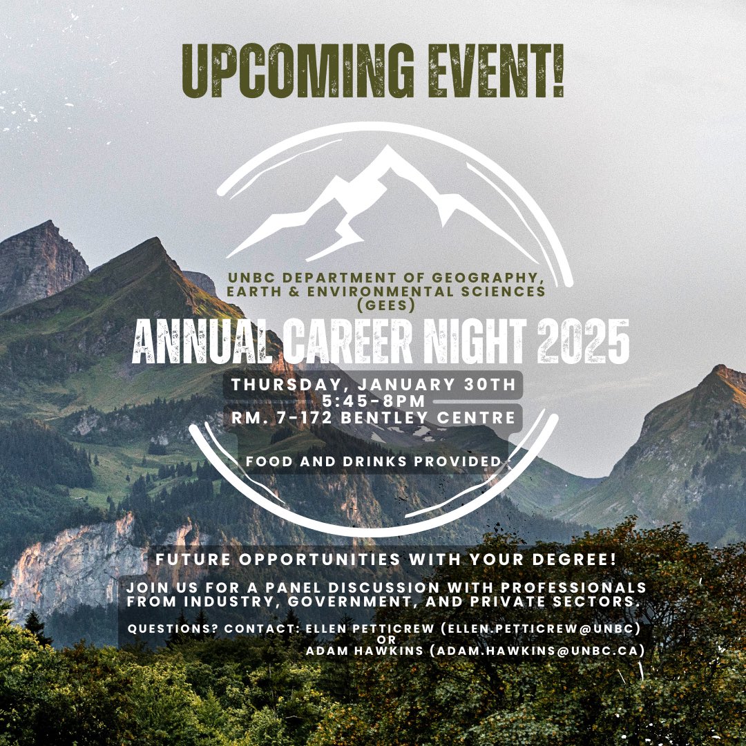 UNBC Geography, Earth & Environmental Sciences (@unbc_gees) on Twitter photo THURSDAY! Our <a href="/UNBC_GEES/">UNBC Geography, Earth & Environmental Sciences</a> Annual Career Night includes four <a href="/UNBCAlumni/">UNBC Alumni</a> highlighting a range of career pathways! THURSDAY! Our <a href="/UNBC_GEES/">UNBC Geography, Earth & Environmental Sciences</a> Annual Career Night includes four <a href="/UNBCAlumni/">UNBC Alumni</a> highlighting a range of career pathways!