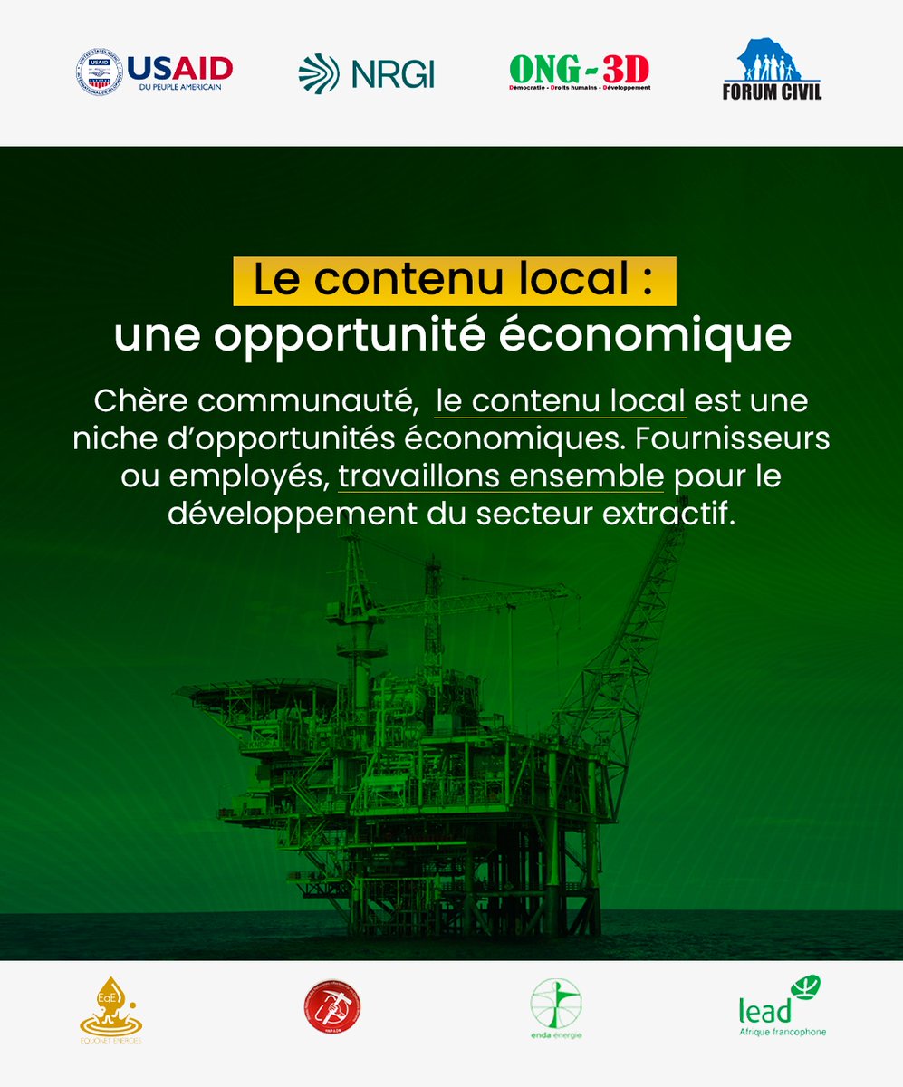 #SouverainetéÉconomique
Le contenu local, une mine d’opportunités pour tous  #Fournisseurs et employés, unissons nos forces pour booster le développement du secteur extractif. #contenulocal
<a href="/STCNSCL/">Secrétariat Technique du CNSCL</a> <a href="/Mepmsenegal/">Ministère de l'Energie du Pétrole et des Mines</a> <a href="/USAIDSenegal/">USAIDSenegal</a>